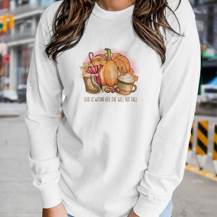 Cozy Autumn Fall God Is Within Her She Will Not Fall Women Graphic Long Sleeve T-shirt Gifts for Her