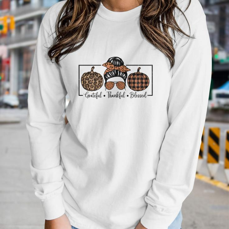 Grateful Thankful Blessed Messy Bun Girl Pumpkin Fall Women Graphic Long Sleeve T-shirt Gifts for Her