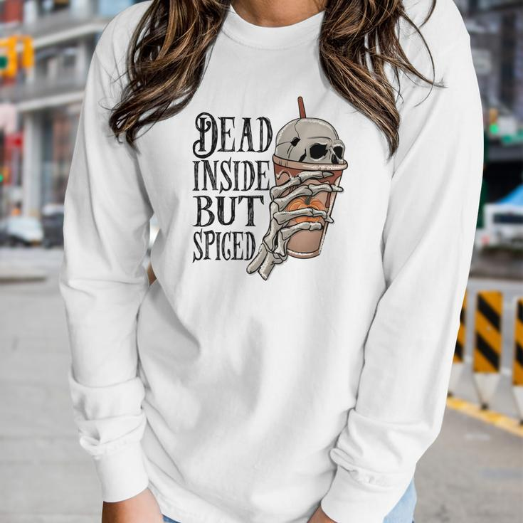 Halloween Spooky Skeleton Dead Inside But Spiged Women Graphic Long Sleeve T-shirt Gifts for Her