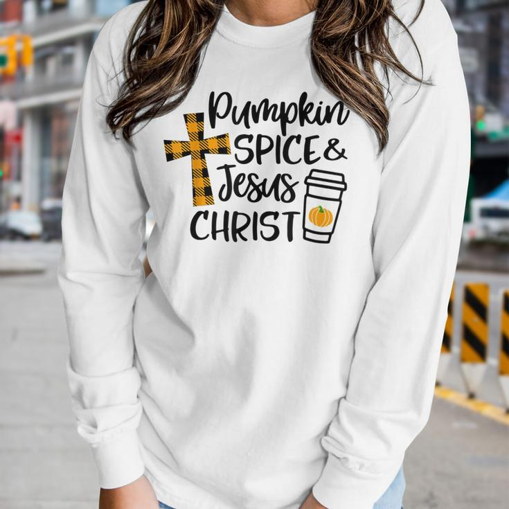 Hello Fall Pumpkin Spice & Jesus Christ Fall Christian Gift Women Graphic Long Sleeve T-shirt Gifts for Her