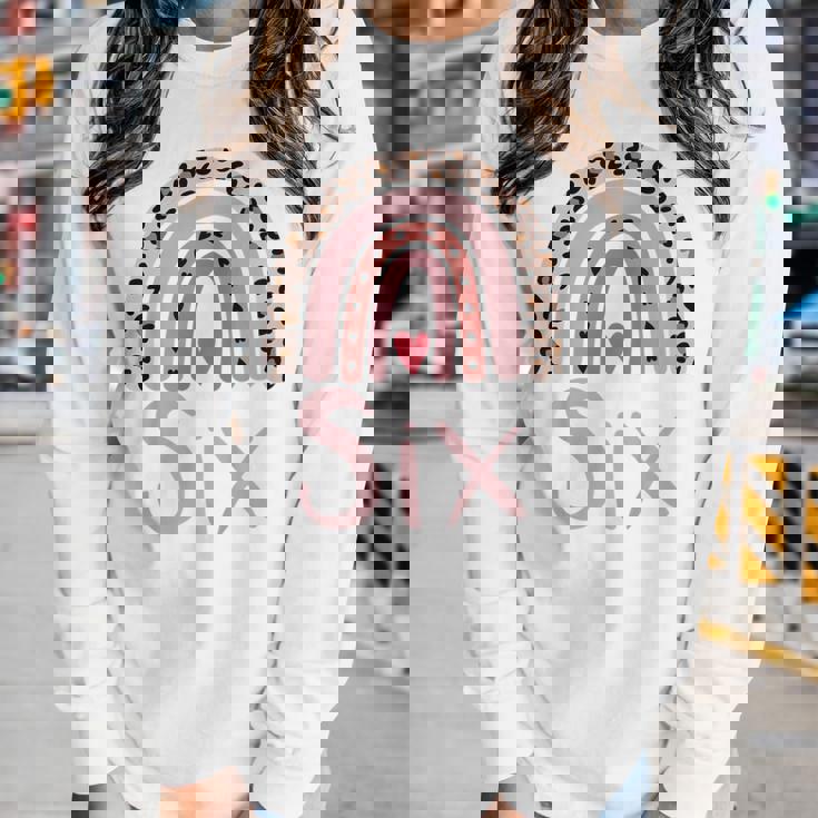 Kids 6 Year Old Leopard Rainbow Birthday Party Cute Girl 6Th Gift Women Graphic Long Sleeve T-shirt Gifts for Her