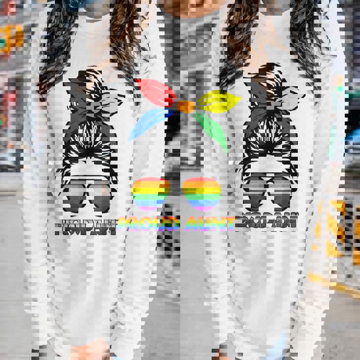 Proud Aunt Messy Bun Rainbow Lgbt Gay Pride Month Women Graphic Long Sleeve T-shirt Gifts for Her
