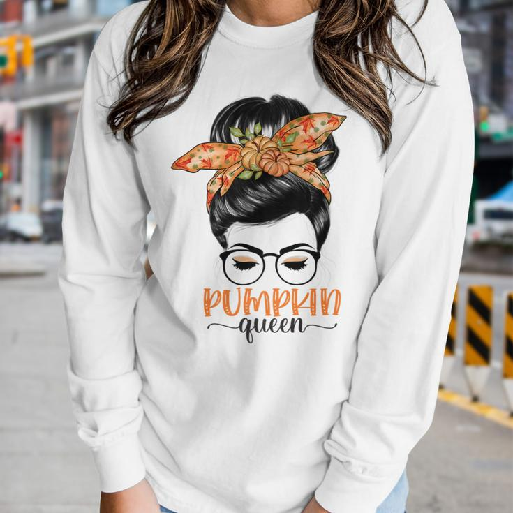 Pumpkin Queen Pumpkin Messy Bun Fall Autumn Thanksgiving  Women Graphic Long Sleeve T-shirt Gifts for Her