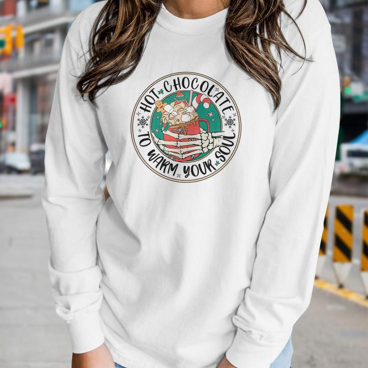 Retro Christmas Skeleton Hot Chocolate To Warn Your Soul Women Graphic Long Sleeve T-shirt Gifts for Her