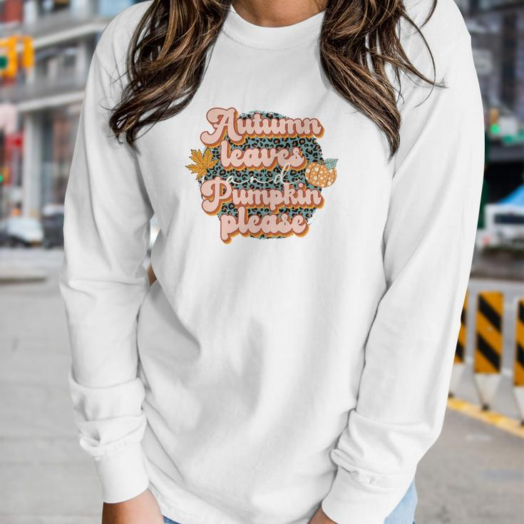 Retro Fall Autumn Leaves And Pumpkins Please Autumn Women Graphic Long Sleeve T-shirt Gifts for Her
