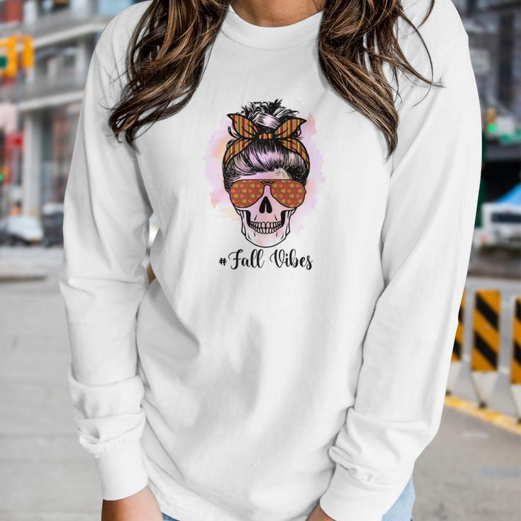 Skull Messy Bun Fall Vibes Women Graphic Long Sleeve T-shirt Gifts for Her