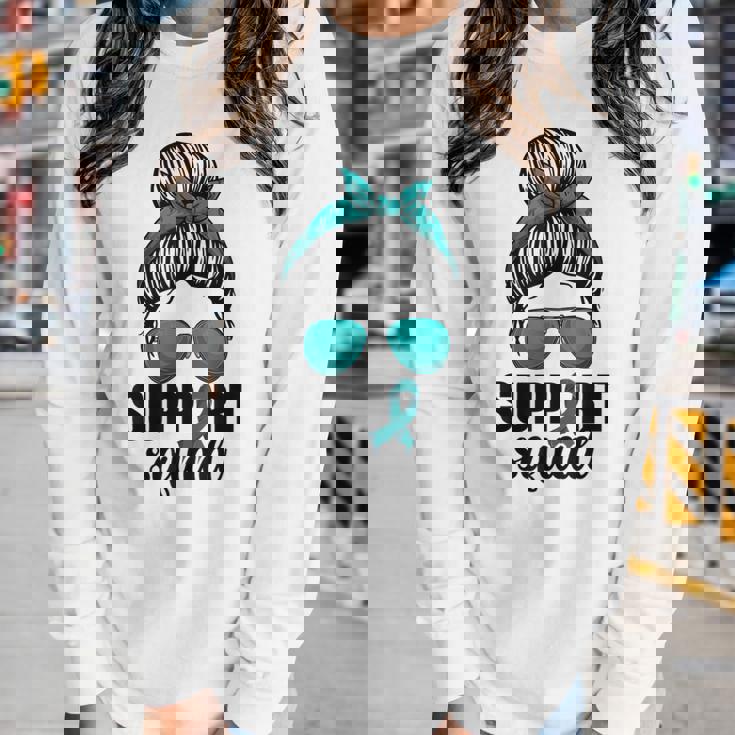 Support Squad For Women Ovarian Cancer Messy Bun Women Graphic Long Sleeve T-shirt Gifts for Her