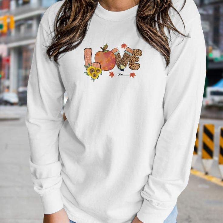 Teacher Love Peace Teach Thanksgiving Fall Pumpkin Women Graphic Long Sleeve T-shirt Gifts for Her