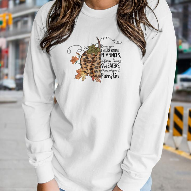 Vintage Autumn Every Year I Fall For Bonfires Flannels Autumn Leaves Sweaters Mores Campfires And Pumpkin V2 Women Graphic Long Sleeve T-shirt Gifts for Her
