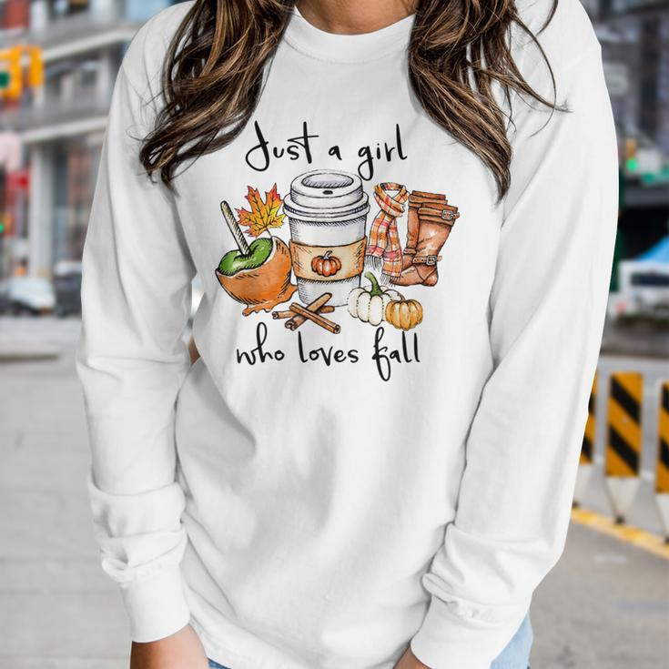 Womens Just A Girl Who Loves Fall Pumpin Spice Latte Autumn Women Graphic Long Sleeve T-shirt Gifts for Her
