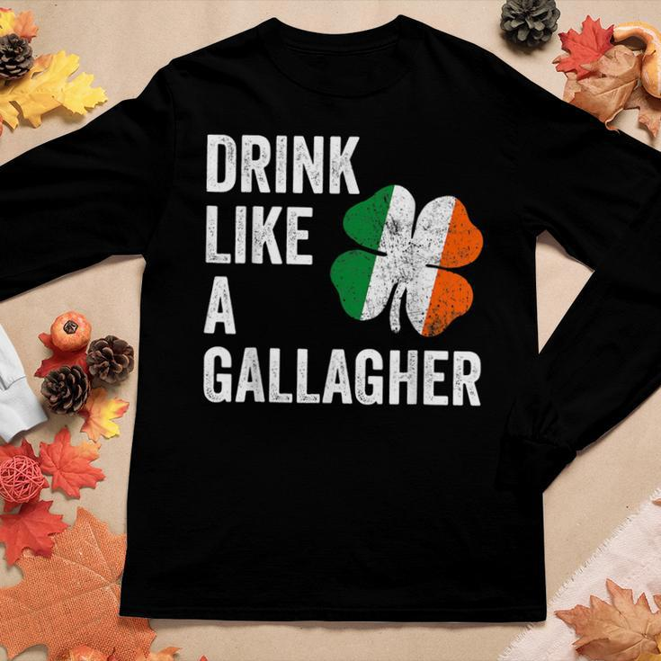 Drink Like A Gallagher St Patricks Day Beer Drinking  Women Graphic Long Sleeve T-shirt Personalized Gifts