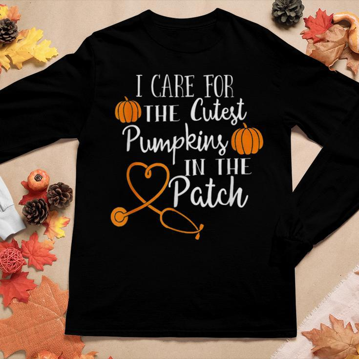 I Care For The Cutest Pumpkins In The Patch Nurse Fall Vibes Women Graphic Long Sleeve T-shirt Personalized Gifts