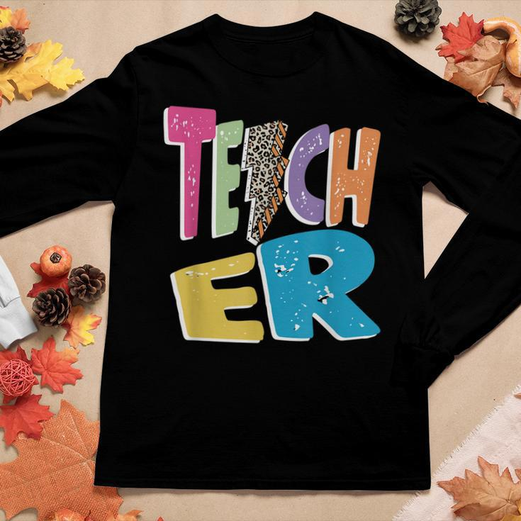 Teacher Colorful Distressed Leopard Lightning Bolt Trendy Women Graphic Long Sleeve T-shirt Personalized Gifts