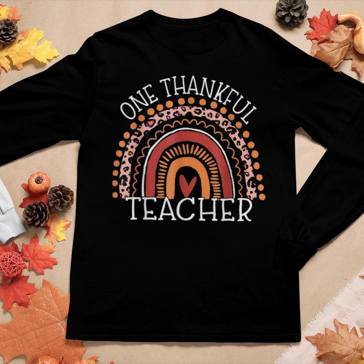 Teacher Thanksgiving - Leopard Rainbow One Thankful Teacher Women Graphic Long Sleeve T-shirt Personalized Gifts