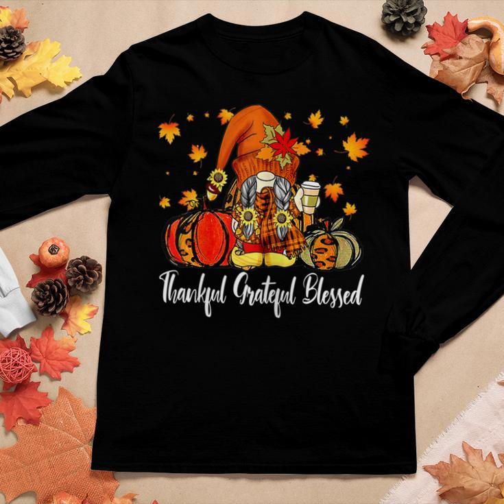 Womens Autumn Fall Outfit Gnome Thankful Grateful Blessed Pumpkin V2 Women Graphic Long Sleeve T-shirt Personalized Gifts