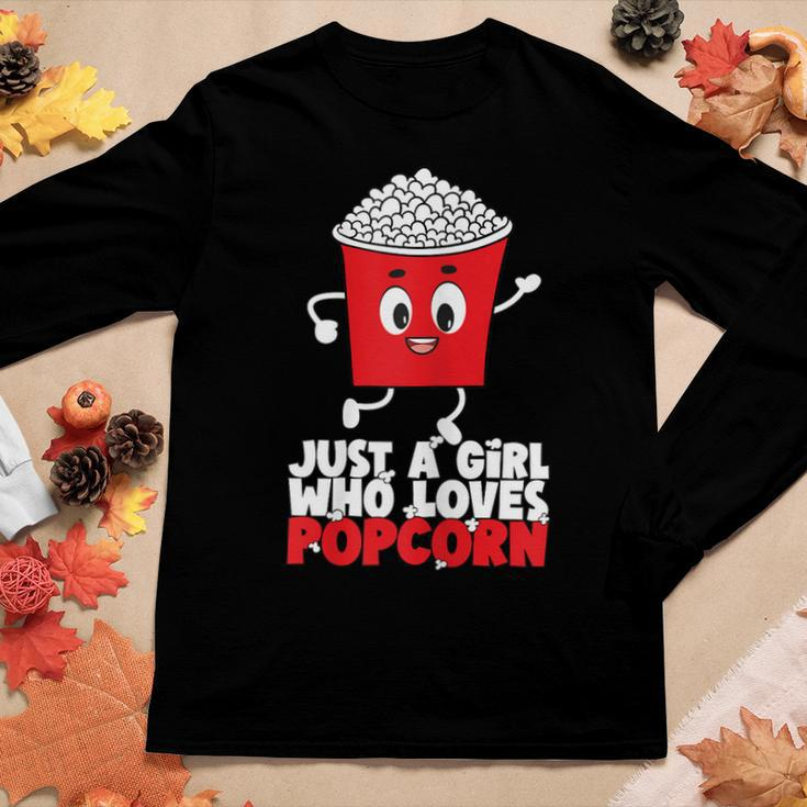Womens Cool Just A Girl Who Loves Popcorn Girls Popcorn Lovers Women Graphic Long Sleeve T-shirt Personalized Gifts