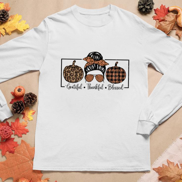 Grateful Thankful Blessed Messy Bun Girl Pumpkin Fall Women Graphic Long Sleeve T-shirt Funny Gifts