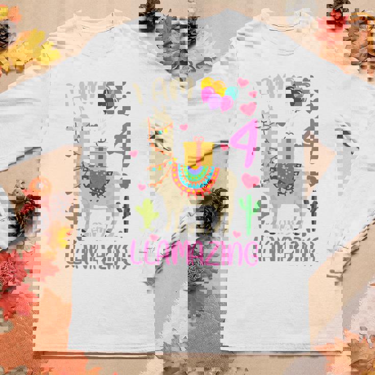 Kids 4Th Birthday I Am 4 Years Old And Llamazing Llama Girl Ns V2 Women Graphic Long Sleeve T-shirt Personalized Gifts