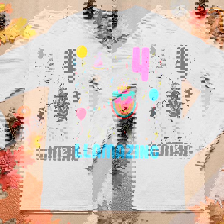 Kids 4Th Birthday I Am 4 Years Old And Llamazing Llama Girl Ns Women Graphic Long Sleeve T-shirt Personalized Gifts