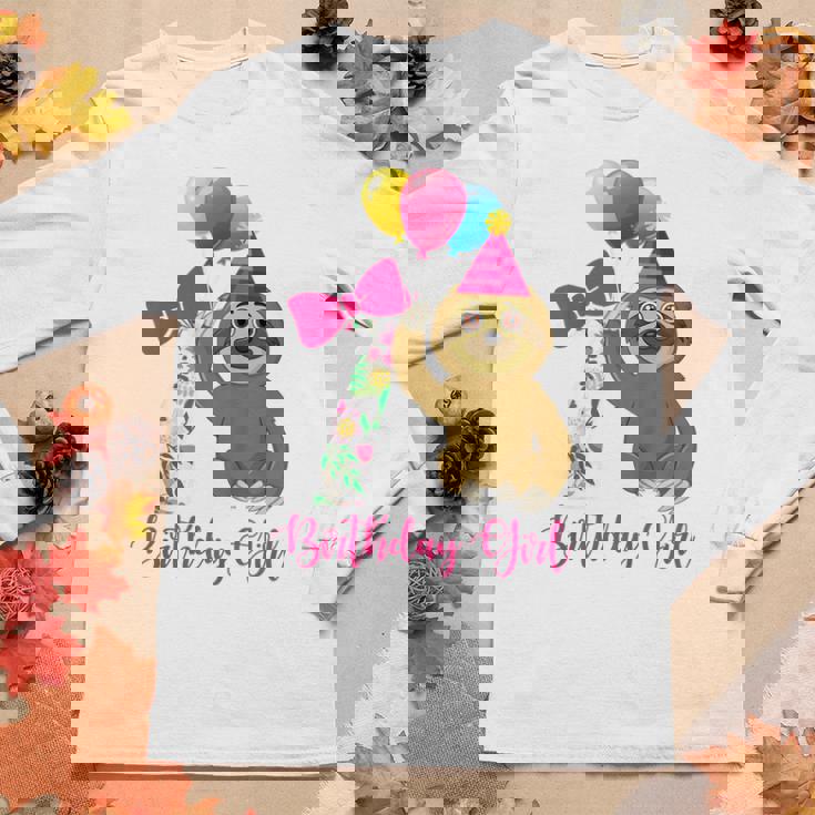 Kids 7 Year Old Cool Cute Sloth Balloons 7Th Birthday Girls Party Women Graphic Long Sleeve T-shirt Personalized Gifts
