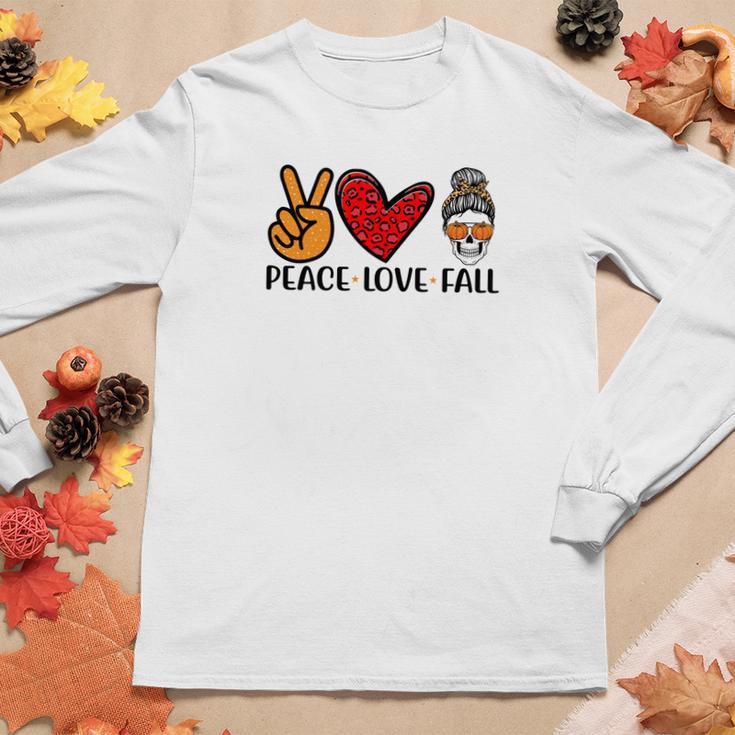 Peace Love Fall Messy Bun Girl Women Graphic Long Sleeve T-shirt Funny Gifts