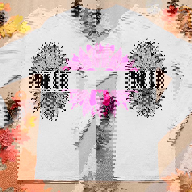 Pink Out Breast Cancer Awareness Sunflower Pink Women Graphic Long Sleeve T-shirt Personalized Gifts
