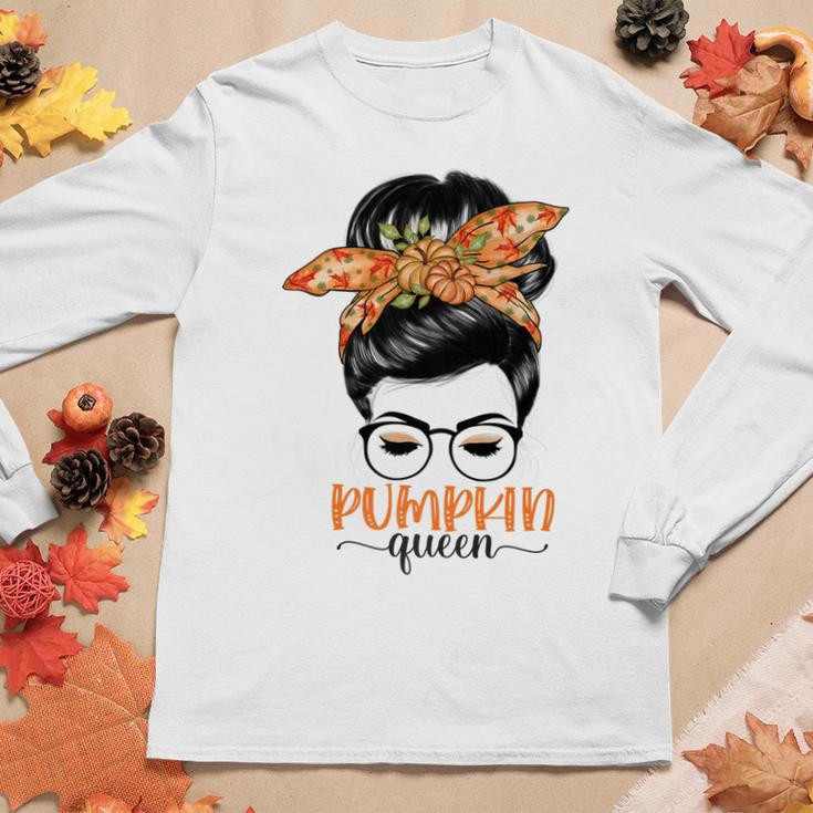 Pumpkin Queen Pumpkin Messy Bun Fall Autumn Thanksgiving  Women Graphic Long Sleeve T-shirt Personalized Gifts