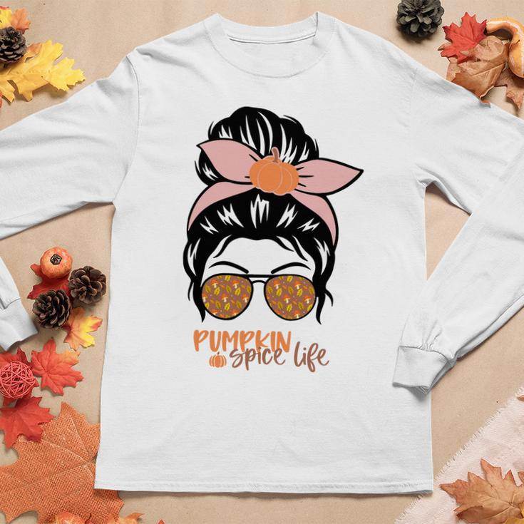 Pumpkin Spice Life Messy Bun Girl Fall Women Graphic Long Sleeve T-shirt Funny Gifts