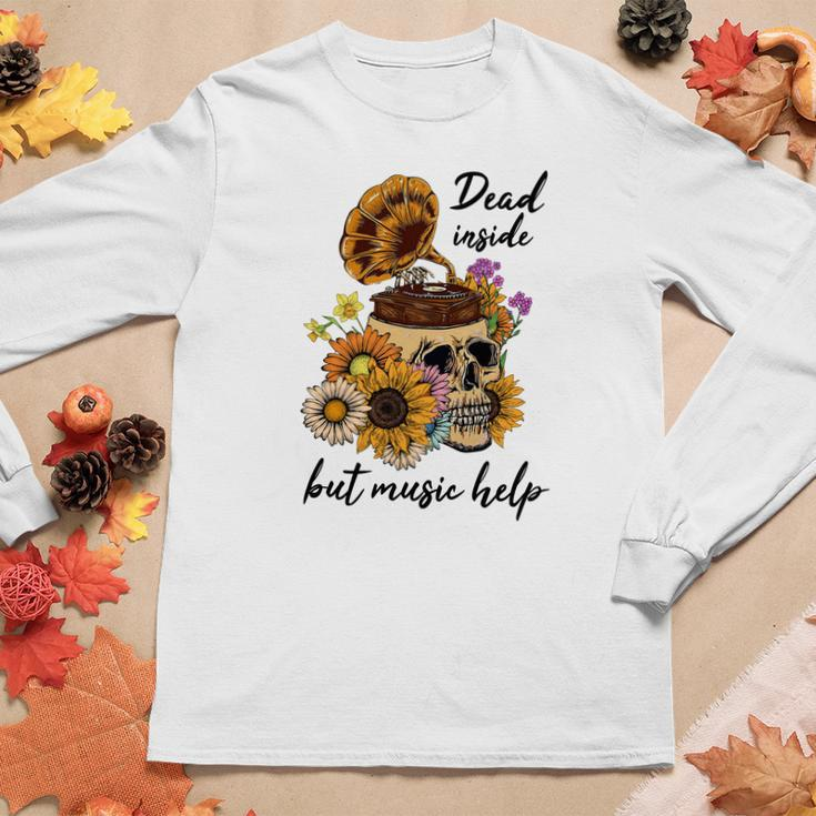 Skeleton And Plants Dead Inside But Music Help Women Graphic Long Sleeve T-shirt Funny Gifts