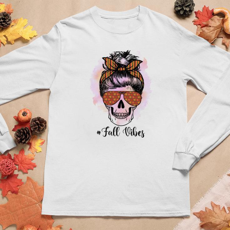 Skull Messy Bun Fall Vibes Women Graphic Long Sleeve T-shirt Funny Gifts
