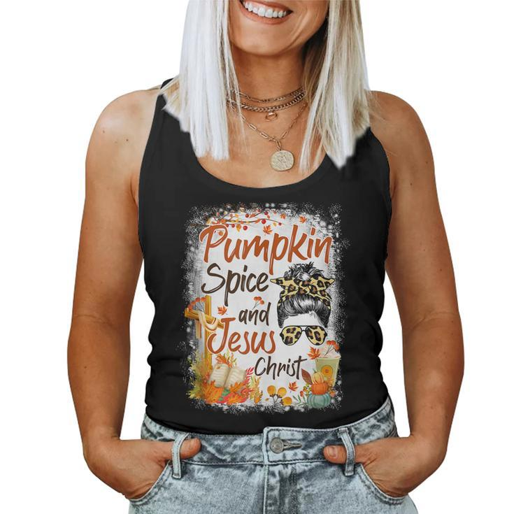 Pumpkin Spice And Jesus Christ Leopard Messy Bun Fall  Women Tank Top Basic Casual Daily Weekend Graphic