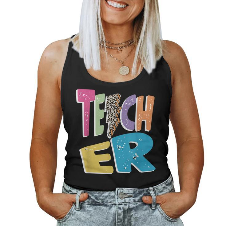 Teacher Colorful Distressed Leopard Lightning Bolt Trendy  Women Tank Top Basic Casual Daily Weekend Graphic