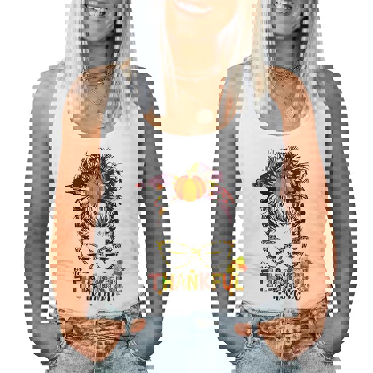Funny One Thankful Mama Messy Bun Fall Autumn Thanksgiving Women Tank Top Basic Casual Daily Weekend Graphic