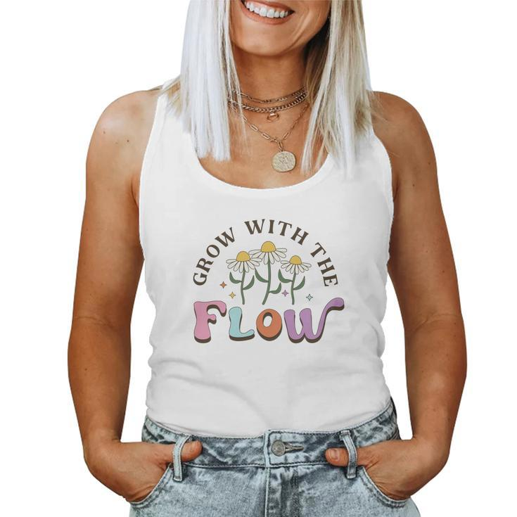 Grow With The Flow Positive Quotes Retro Flower Women Tank Top Basic Casual Daily Weekend Graphic