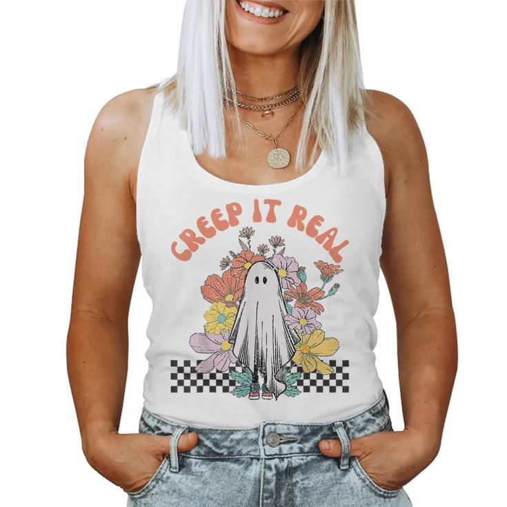 Halloween Costume Retro Creep It Real Ghost With Flowers  Women Tank Top Basic Casual Daily Weekend Graphic