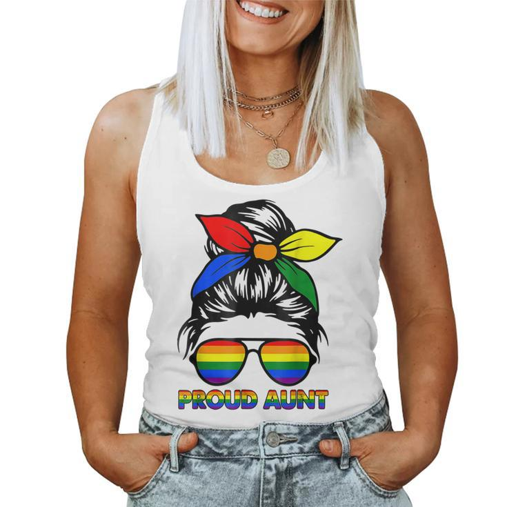 Proud Aunt Messy Bun Rainbow Lgbt Gay Pride Month  Women Tank Top Basic Casual Daily Weekend Graphic