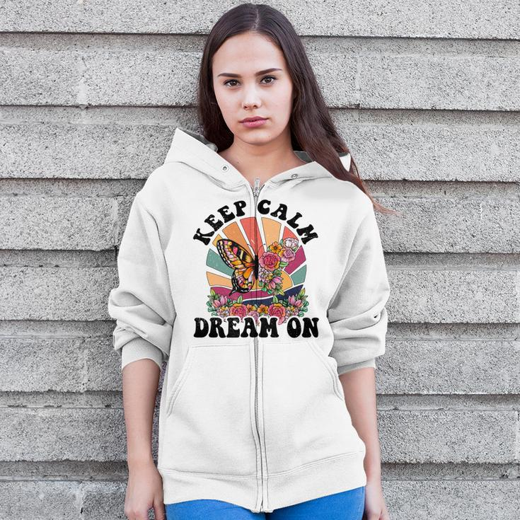 Keep Calm Dream On Vintage Boho Design V2 Women Hoodie Casual Graphic Zip Up Hooded Sweatshirt