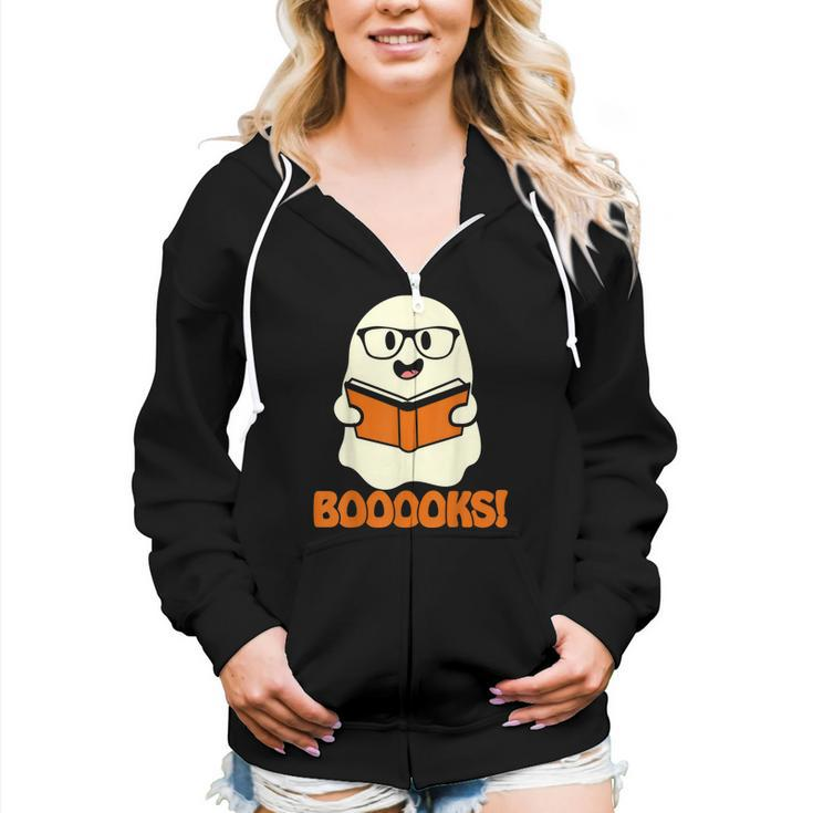 Booooks Ghost Boo Read Books Library Teacher Halloween Cute  V4 Women Hoodie Casual Graphic Zip Up Hooded Sweatshirt