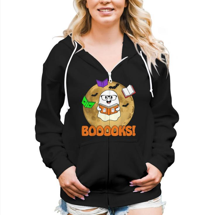 Booooks Ghost Boo Read Books Library Teacher Halloween Cute  V6 Women Hoodie Casual Graphic Zip Up Hooded Sweatshirt