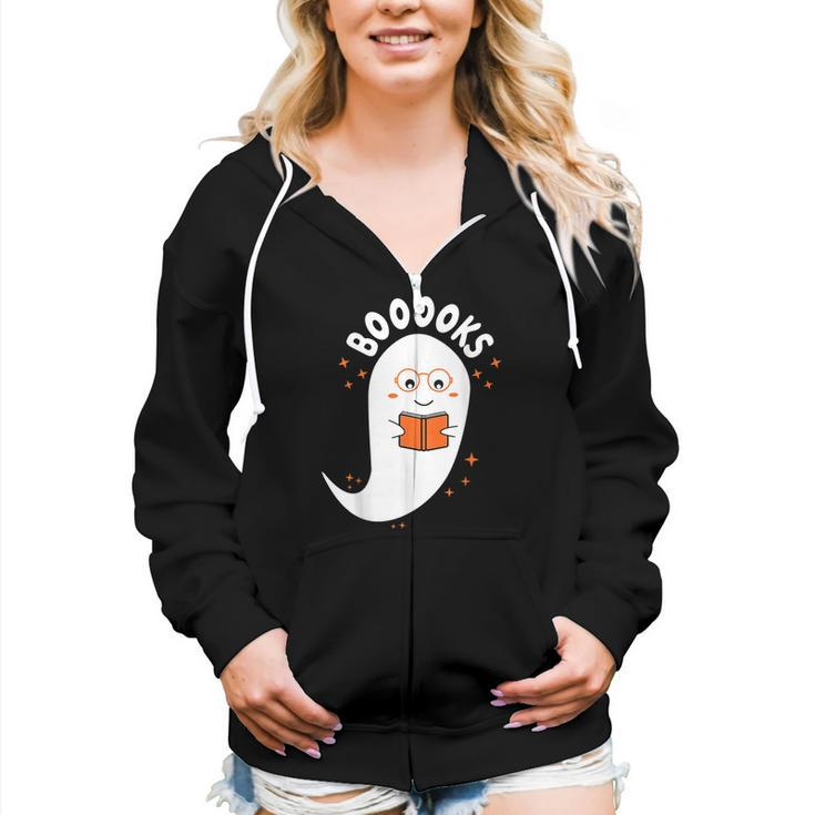 Booooks Ghost Boo Read Books Library Teacher Halloween Cute  Women Hoodie Casual Graphic Zip Up Hooded Sweatshirt