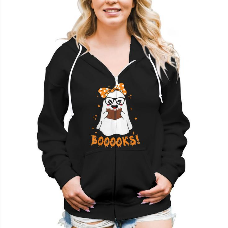 Booooks Ghost Funny Boo Read Books Lover Library Halloween  Women Hoodie Casual Graphic Zip Up Hooded Sweatshirt
