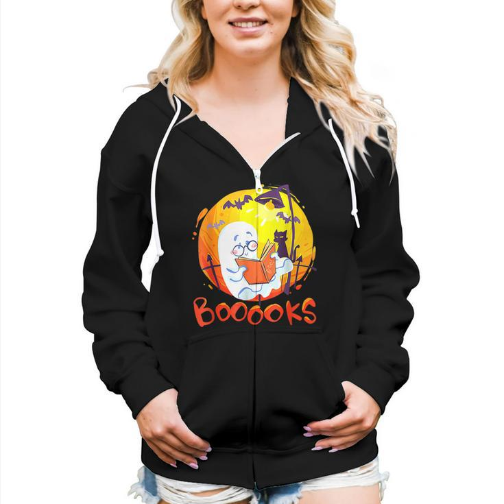 Booooks Ghost Funny Halloween Teacher Book Library Reading  Women Hoodie Casual Graphic Zip Up Hooded Sweatshirt