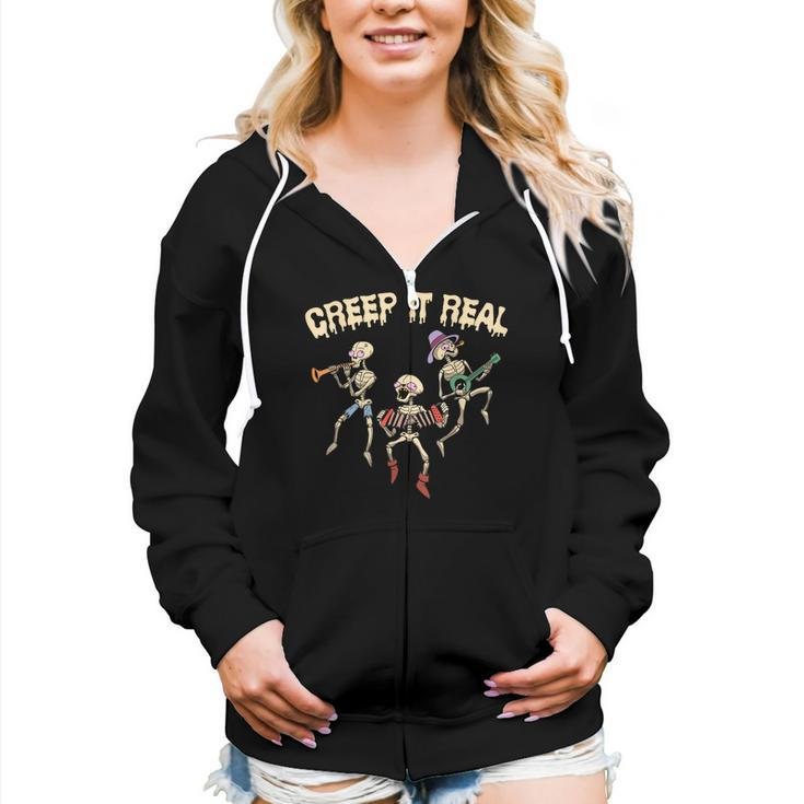 Creep It Real Skeleton Playing Music Funny Halloween  Women Hoodie Casual Graphic Zip Up Hooded Sweatshirt