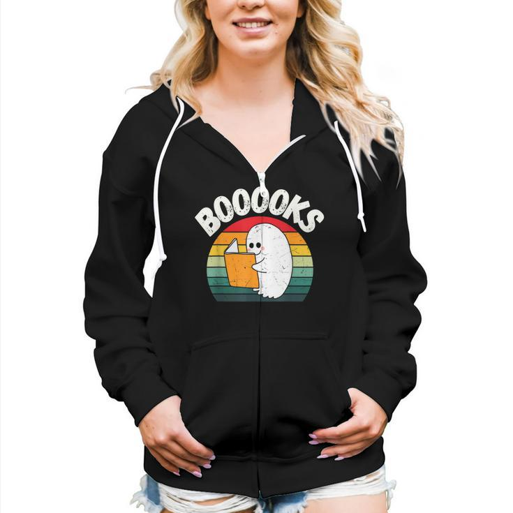 Ghost Booooks Halloween Boo Teacher And Kids Reading Books  Women Hoodie Casual Graphic Zip Up Hooded Sweatshirt