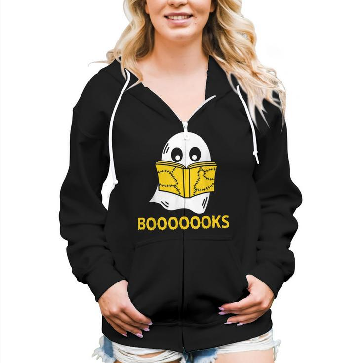 Halloween Booooks Ghost Reading Boo Read Books Library  V4 Women Hoodie Casual Graphic Zip Up Hooded Sweatshirt
