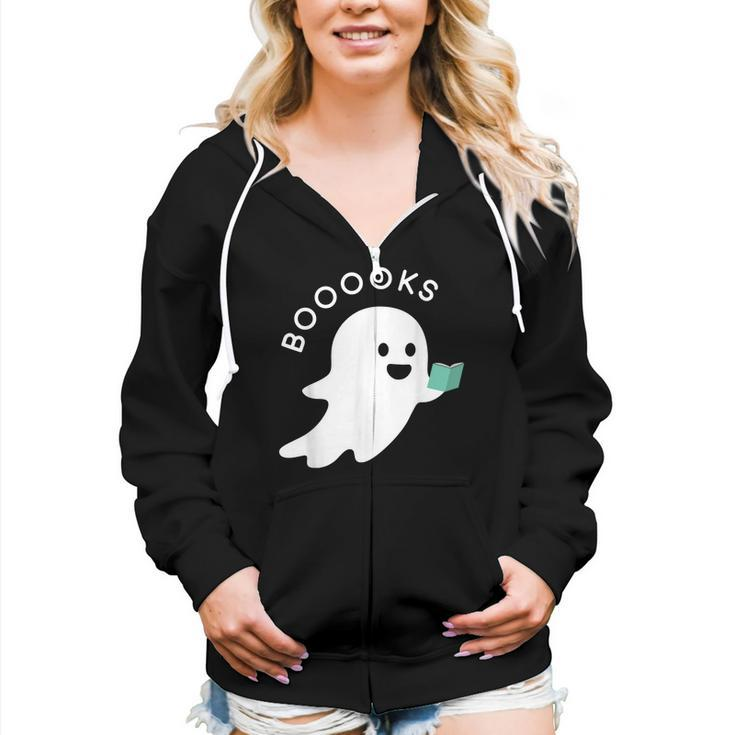 Halloween Booooks Ghost Reading Boo Read Books Library  Women Hoodie Casual Graphic Zip Up Hooded Sweatshirt