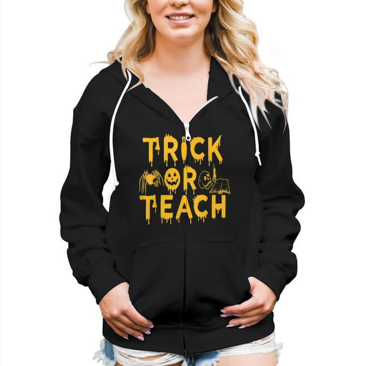 Trick Or Teach Funny Teacher Halloween Costume Gifts  Women Hoodie Casual Graphic Zip Up Hooded Sweatshirt