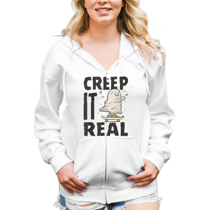 Creep It Real Ghost Men Skateboarding Halloween Fall Season  Women Hoodie Casual Graphic Zip Up Hooded Sweatshirt