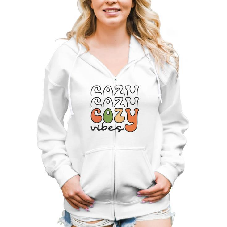 Funny Cozy Vibes Thanksgiving Fall Women Hoodie Casual Graphic Zip Up Hooded Sweatshirt