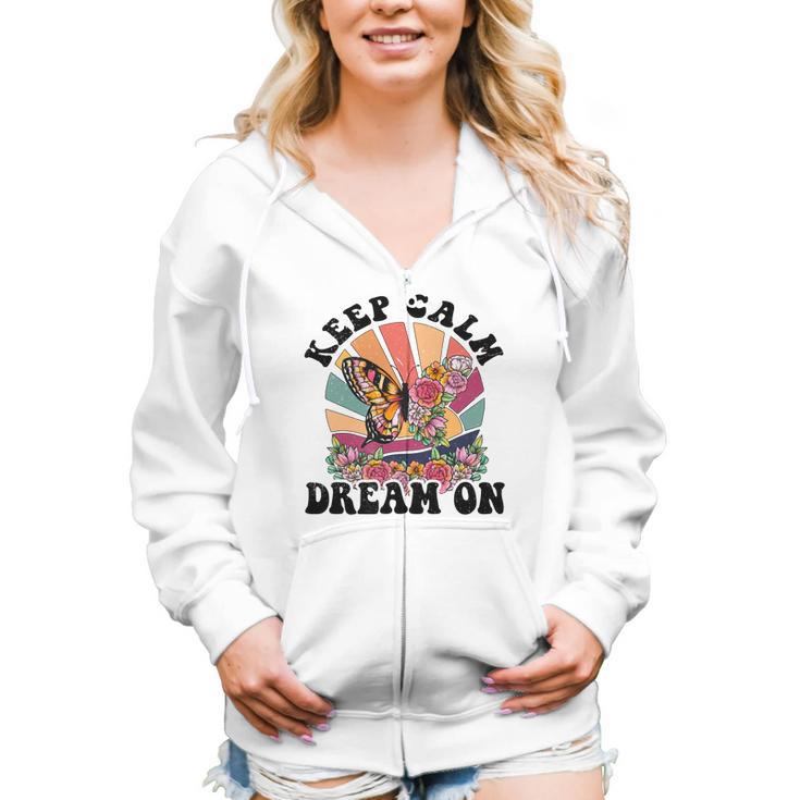 Keep Calm Dream On Vintage Boho Design V2 Women Hoodie Casual Graphic Zip Up Hooded Sweatshirt